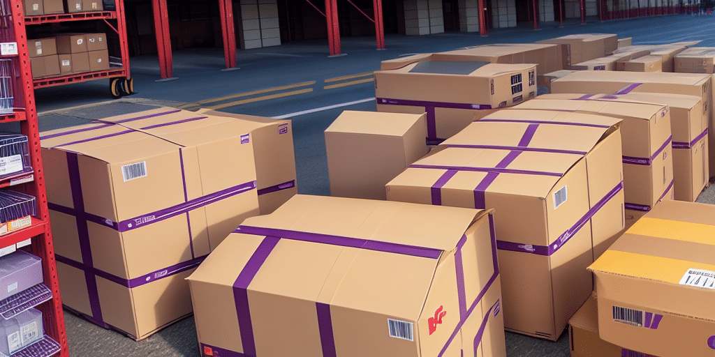 Large cardboard boxes with purple tape are stacked and lined in a warehouse, ready for shipment. Neatly organized, their Recipient IDs are visible as shelves stand on the left and a large open space leads to a series of garage doors where FedEx Ship Manager coordinates logistics.