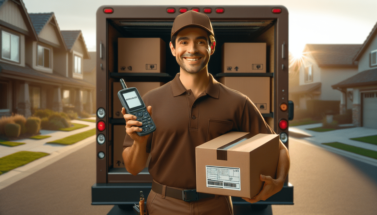 A smiling delivery person in a brown uniform, possibly from a UPS Returns Exchange, holds a package and a handheld device. They stand in front of an open delivery truck filled with boxes in a residential neighborhood with houses visible in the background.