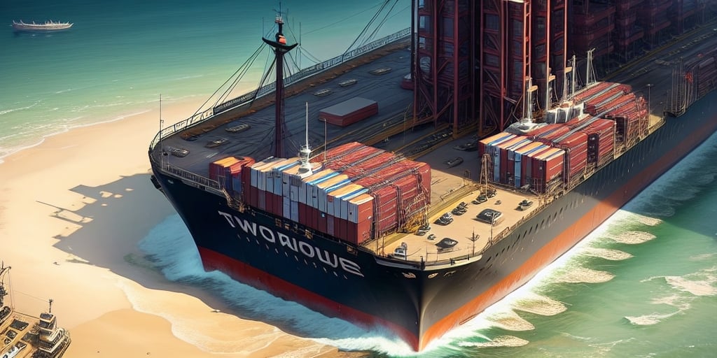 A large cargo ship named Two Rowe is grounded on a sandy beach, colorful shipping containers stacked on its deck like an organized database. A smaller boat is visible in the ocean background. The scene captures a mix of maritime and coastal elements, echoing themes of connection and exploration.