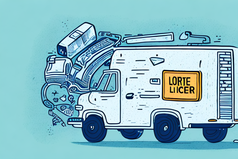 Illustration of a white van labeled LORTE LICER with an exploded view of assorted electronic devices, including a computer and a printer, extending out of the open roof. The scene cleverly hints at how to get your courier license with ease. The background is a light blue.