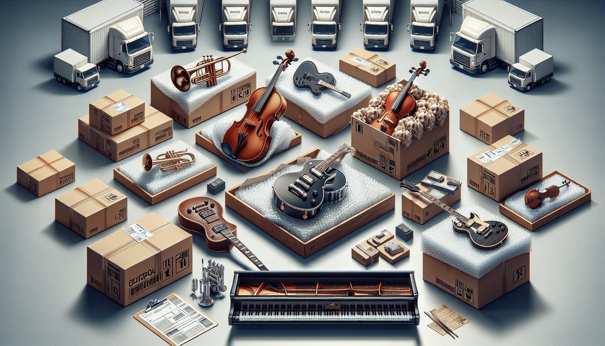 A variety of musical instruments, including violins, a guitar, trumpet, and piano, are arranged on a table surrounded by shipping materials and cardboard boxes. Miniature delivery trucks are positioned in the background, enhancing the FedEx shipping theme.