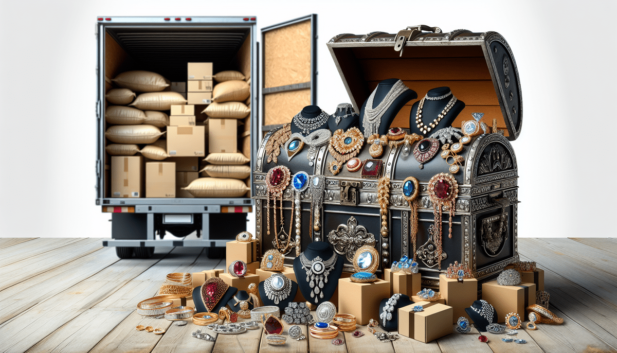 An open treasure chest brimming with gold and gemstone jewelry sits amidst small shipping boxes. In the background, a truck resembling a UPS delivery is loaded with larger boxes and sacks, both doors flung open. The scene unfolds on a wooden floor.