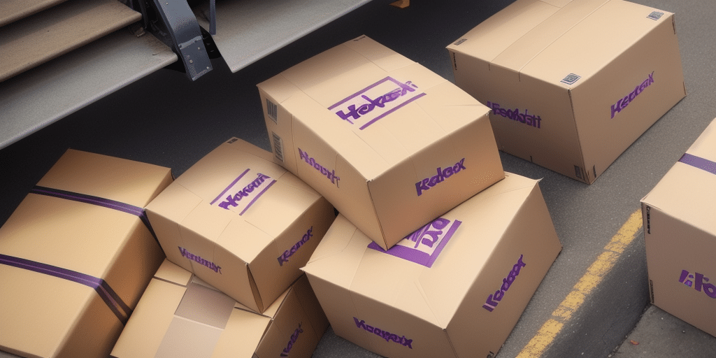 Several cardboard boxes with Hexdex logos are piled on the ground near a vehicle, likely processed through FedEx Ship Manager for delivery. The scene suggests a logistics or distribution setting, possibly ensuring packages with shipping insurance.