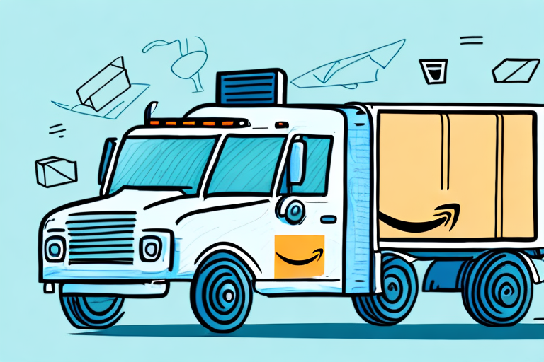 An illustration of a delivery truck with an Amazon logo graces the scene, set against a light blue background. Packages whimsically float around the truck, hinting at Amazon return problems as they dance in midair.