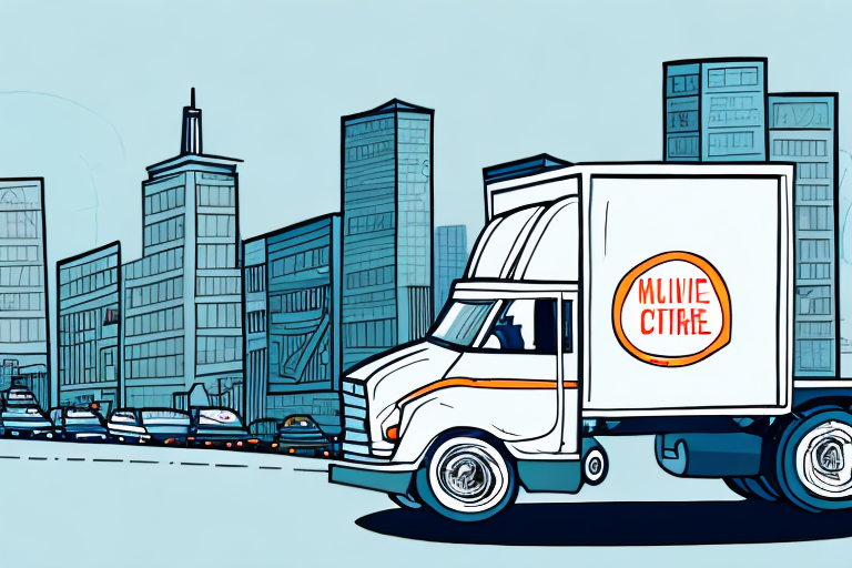 Illustration of a delivery truck labeled Muive Citde navigating through bustling city streets, seamlessly arranging delivery for your business. Tall buildings stand in the background, with a line of cars on the road beneath a clear sky.