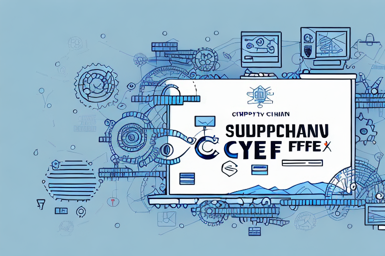 A blue and white abstract illustration of a computer screen surrounded by gears, circuit-like patterns, and tech symbols captures the essence of technology and cyber space. The distorted text hints at complex themes like supply chain dynamics in the digital realm.