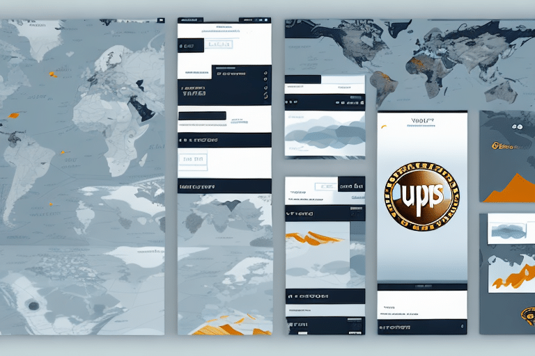 A digital infographic featuring various maps and charts, including world maps in shades of blue and gray, graphs with orange accents, and a round logo in the center with the letters ups. Perfect for visualizing data or learning how to change labels using UPS Worldship.