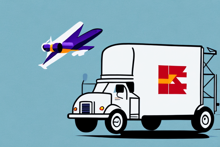 A white delivery truck featuring FedExs iconic red and yellow logo cruises on a blue backdrop, while above, a small purple and white biplane soars through the sky, crafting a dynamic scene.