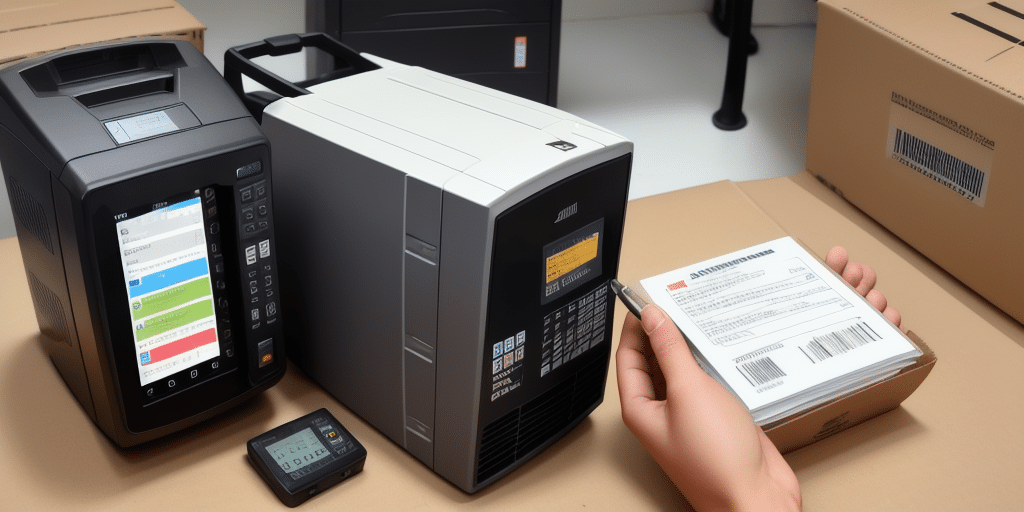 A person uses a handheld scanner to read a printed label on a cardboard box. Nearby are two Zebra GK420d printers set up on a surface, hinting at an efficient shipping and logistics operation, possibly utilizing UPS WorldShip for streamlined processes.