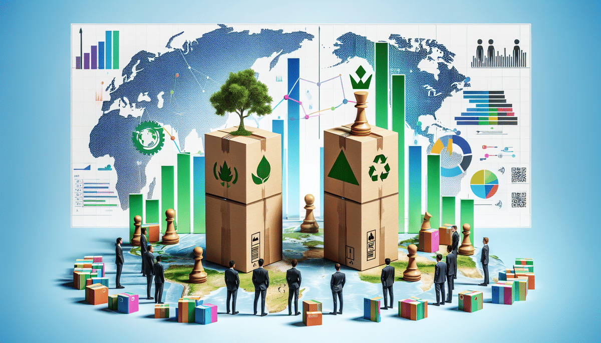 A group of miniature businesspeople examines large boxes adorned with environmental symbols, trees, and chess pieces, reflecting the strategic efforts of companies like International Paper towards global sustainability. Theyre surrounded by colorful charts and a world map.