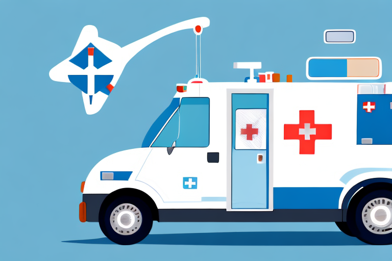 Illustration of a white ambulance with blue and red medical symbols on the side, set against a blue background. This represents Medical Courier Services, with a white stethoscope graphic above, resembling a healthcare logo.