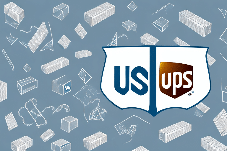 A graphic featuring the United States Postal Service (USPS) logo on the left and the UPS logo on the right, with a backdrop of white line drawings of packages and envelopes. Subtle hints of UPS WorldShips efficiency create a seamless default experience for all shipping needs.