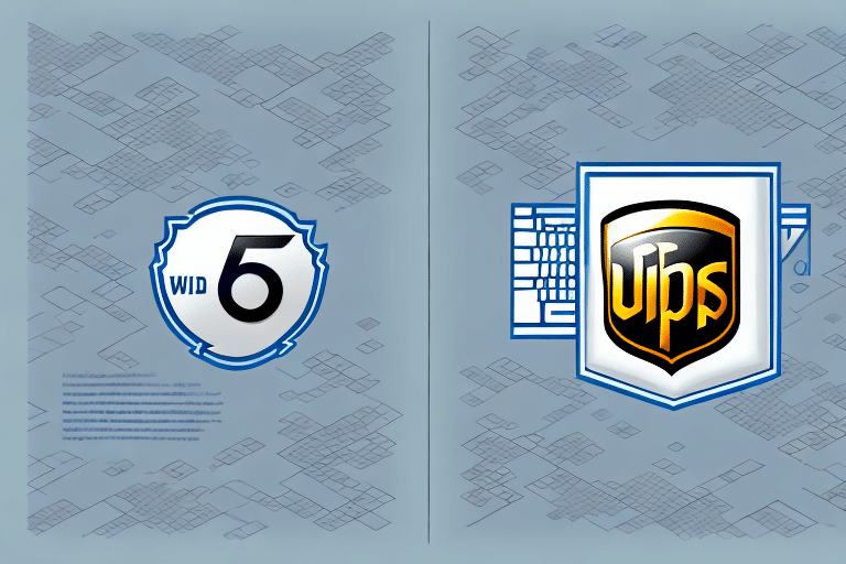 Two shield-like logos on a patterned background: the left logo, akin to a 32-Bit ODBC gateway, features WID 6 in black on a white shield with a blue outline; the right logo says UFPS in gold on a black shield with a blue-bordered white shield behind it.