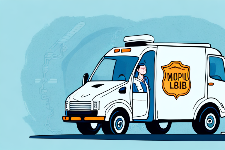 A cartoon-style illustration showcases a white van with the words MOPIL LBIB on its side. A smiling lab courier driver in a blue uniform leans out of the window. The van, embodying job responsibilities, is parked against a light blue background.