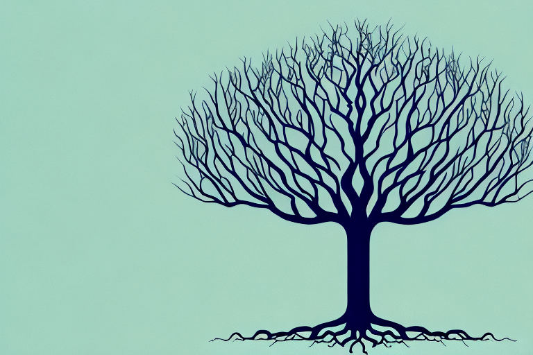 Illustration of a tree with bare branches and visible roots against a light green background. The stylized, symmetrical branches and roots reflect operational ownership, creating a mirror-like effect that highlights key factors for success in natures design.