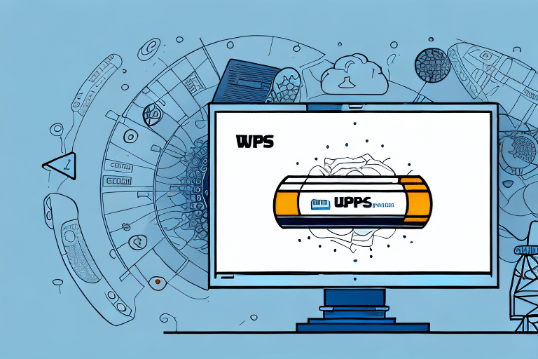 Illustration of a computer monitor displaying a progress bar labeled WPS UPPS. Behind the screen, abstract tech-themed graphics, including gears and clouds, are visible against a blue background, hinting at seamless integration with tools like UPS Worldship for prepaid account management.