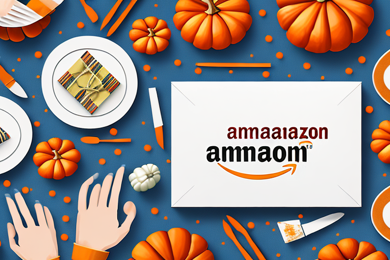 A festive flat lay showcases small pumpkins, orange utensils, and a white plate. A large envelope with a playful imitation of the Amazon logo takes center stage. Two hands suggest an Amazon delivery arriving just in time for the Thanksgiving celebration.