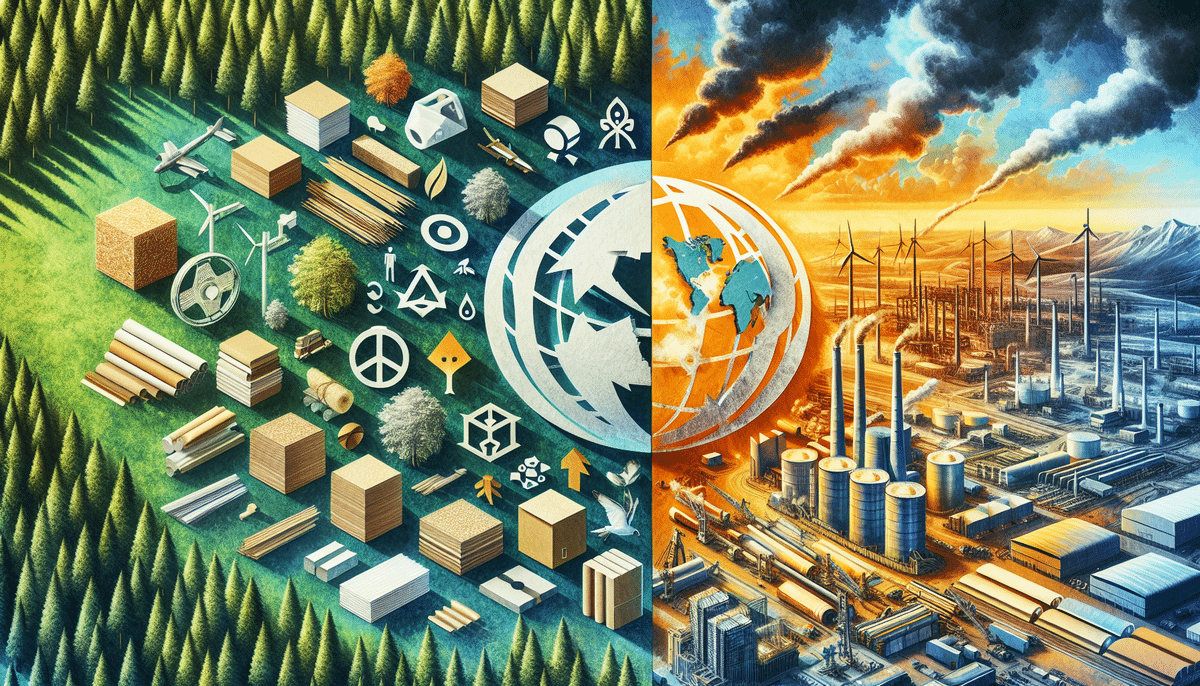 Illustration split in half: left side shows sustainable practices with trees, wind turbines, and recycling symbols; right side depicts industrial pollution with factories, smoke, and barren land. A globe divides the contrasting scenes, symbolizing a choice between Georgia-Pacifics eco-friendly future and unchecked industry.