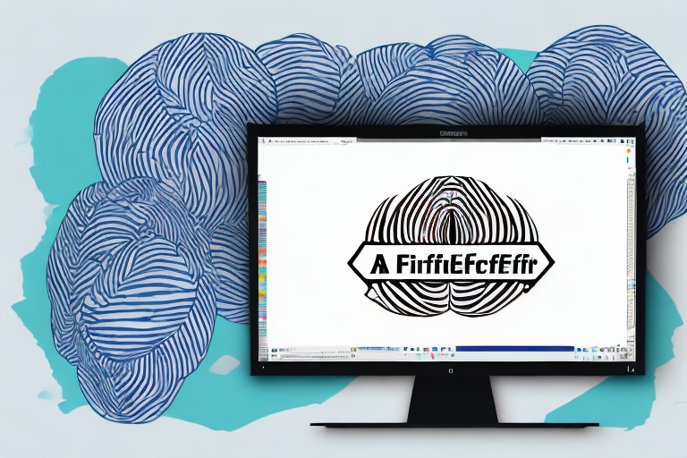 A computer monitor displays digital fingerprint patterns, with the text A Fīfrifɛcfɛɛfīfr in the center. Blue fingerprint designs are also visible in the background, creating a layered visual effect reminiscent of Windows 10s sleek interface.