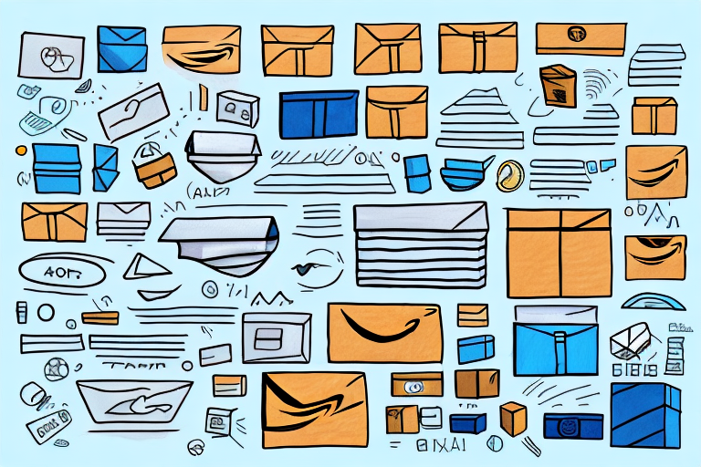 Illustration featuring a variety of stylized blue and orange envelopes and packages reminiscent of Amazon shipments. Some items, symbolizing common reasons for returns, include mail icons, packages with tape, and abstract shapes, all arranged against a light blue background.