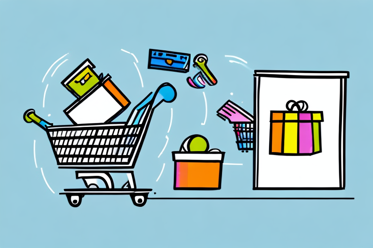 An illustration of a shopping cart filled with various items like a box and a card showcases the essence of ecommerce businesses. Nearby, a colorful gift box is being scanned at a checkout counter against a light blue background.