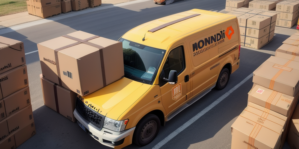 A yellow delivery van with the logo MONNDI is parked in a warehouse yard, surrounded by towering stacks of large cardboard boxes. Reminiscent of DS Smiths meticulous organization, the van is partly shaded and the boxes are neatly arranged on pallets.