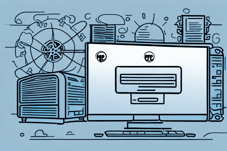 Illustration of a computer setup with a desk monitor, keyboard, and a UPS WorldShip server on a blue background. Technical diagrams and circuit patterns fill the background, creating a digital theme.