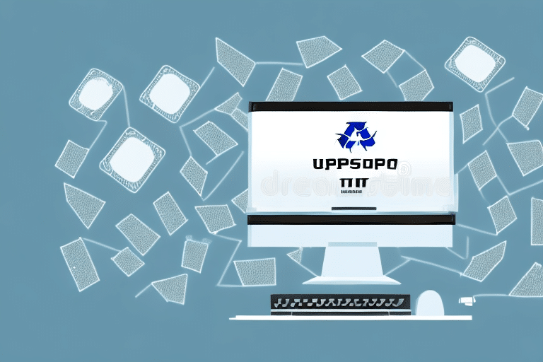 A computer monitor displays the logo with the text UPPSOPO on a blue background, reminiscent of trying to recover a deleted UPS Worldship profile. Various abstract shapes and pieces of paper float around, adding a touch of organized chaos to the scene.