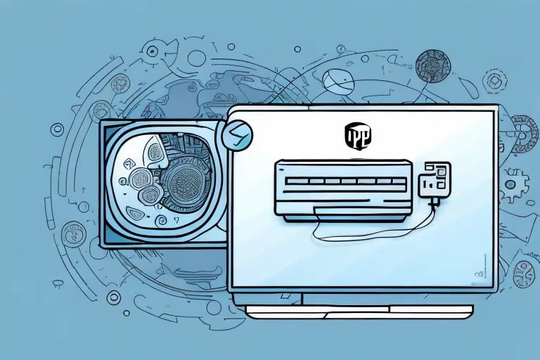 An illustration of a futuristic laptop with intricate patterns and circuits in the background, resembling an abstract motherboard, almost like a visual Step-by-Step Guide for technology. The screen displays a stylized graphic with technological motifs. The color scheme is predominantly blue and white.