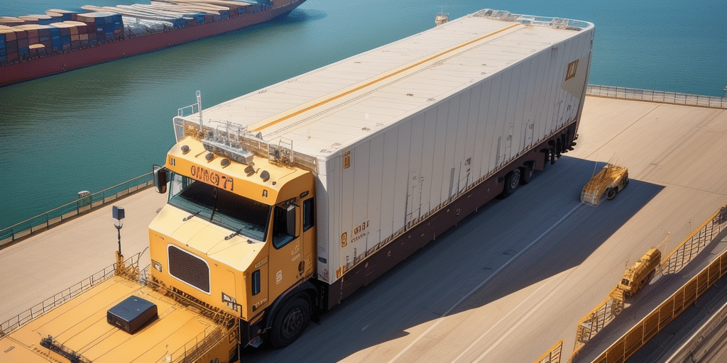 A large, specialized yellow and white cargo vehicle with Omega emblazoned on its front rests on a dock beside a calm body of water. Designed for heavy-duty transport, this vehicle seems perfectly at home amid the shipping containers in the background, embodying efficiency and strength.