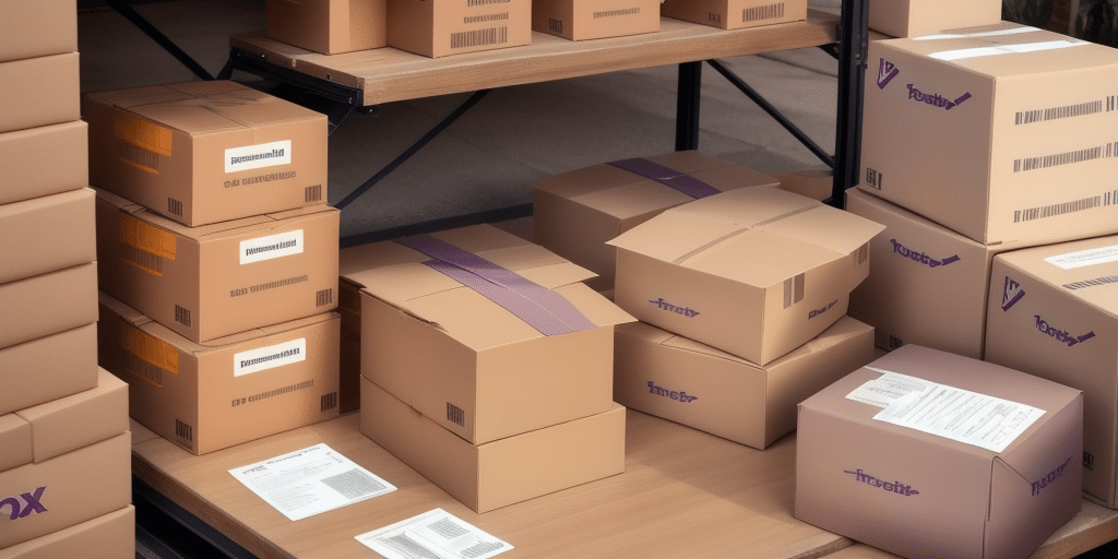 A collection of stacked cardboard boxes on a wooden surface, some bearing shipping labels and the purple FedEx logo. The boxes vary in size, with a few packing slips visible nearby, ready to be processed using FedEx Ship Manager for export orders.