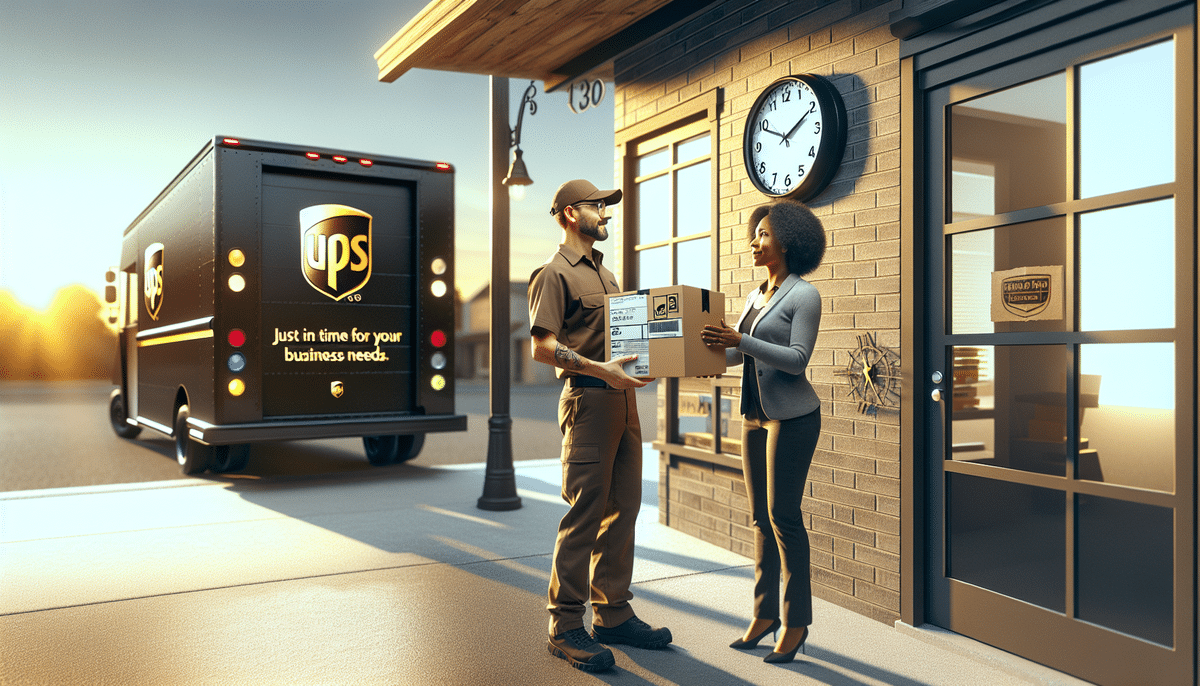 A uniformed delivery person hands a package to a woman outside a building with a clock, exemplifying UPSs Time-Definite Delivery. A UPS truck is parked nearby, proudly displaying the slogan Just in time for your business needs. It is daytime with a clear sky.