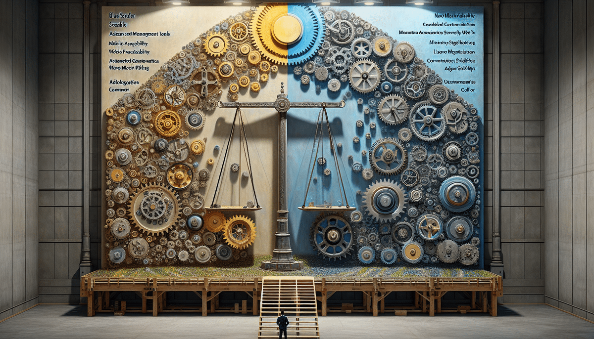 A person stands before a giant balanced scale composed of numerous gears and mechanical parts. The scales symbolize law and order, with words related to JDA Software and management concepts surrounding the installation in a large, industrial room.