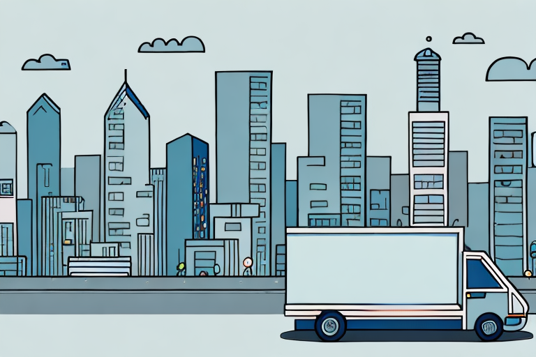 An illustration of a delivery truck driving through a bustling cityscape, reflecting the growing delivery market. Tall skyscrapers with modern, geometric designs in blue and gray stand majestically under a sky adorned with a few clouds.