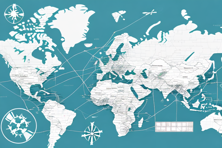 A world map on a teal background, showcasing white landmasses labeled with country names. Several lines, reminiscent of FedEx routes, connect different parts of the globe. Two compass roses in the corners enhance the nautical theme, evoking a sense of global exploration and shipping.