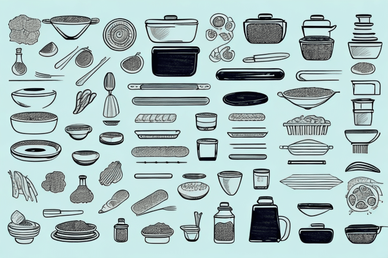 Illustration of various kitchen tools and food items, including pots, bowls, plates, chopsticks, vegetables, and utensils arranged on a light blue background—a perfect scene to understand abnormal spoilages impact on businesses by visualizing how efficient kitchen management can reduce waste.