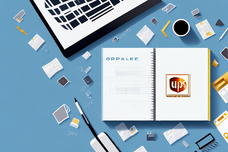 A desktop scene with a notebook open to a page displaying a UPS logo and hints of an address book. Nearby, a coffee cup sits among various office supplies, small gadgets, and scattered paper sheets. A computer keyboard lies partially visible in the background, ready for import tasks with UPS WorldShip.