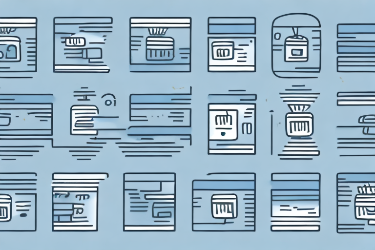 Illustration of various stylized web pages arranged in a grid pattern on a light blue background. Each page design, reminiscent of the evolution from 1960s to 2020s, features simplistic lines and shapes, resembling wireframe layouts for ecommerce apps or websites.