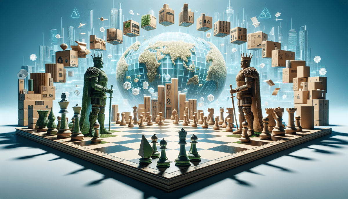 A digital chessboard with eco-themed pieces faces off against wooden city-themed ones, reminiscent of PCA vs WestRock. Floating symbols of nature and technology encircle a central globe, seamlessly blending the realms of packaging innovation with natural and urban elements in a futuristic setting.