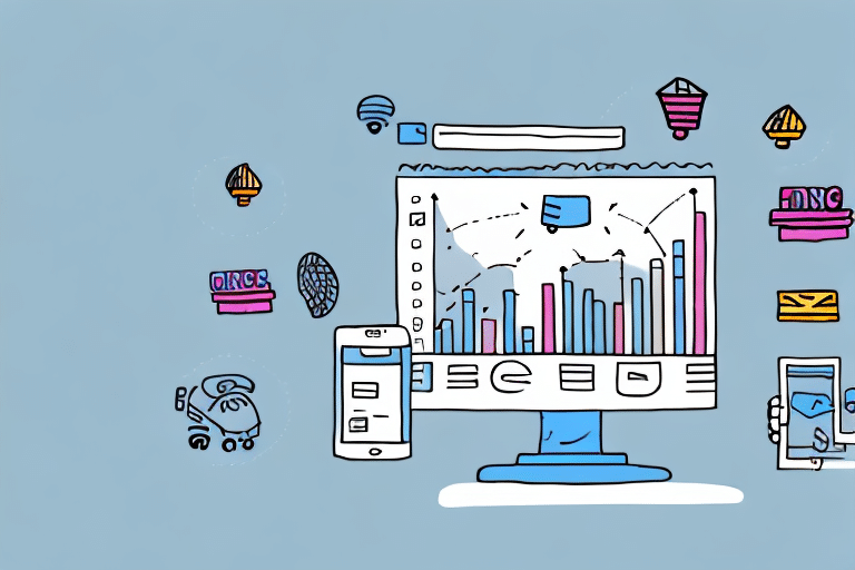 Illustration of a computer monitor displaying a colorful bar graph, surrounded by data icons like envelopes, a globe, and charts. A smartphone and tablet highlight digital connectivity, analytics, and e-Commerce operations. Background is light blue.