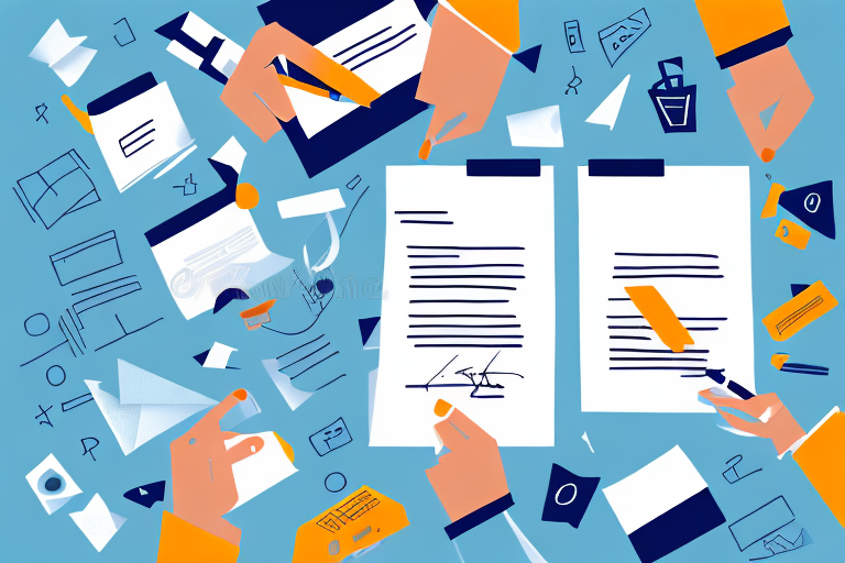 Illustration of hands working on documents, meeting adult signature requirements, and using office supplies. Papers are being edited, signed, and organized amidst scattered items like pens, envelopes, and paper clips. The blue background enhances the busy office atmosphere.