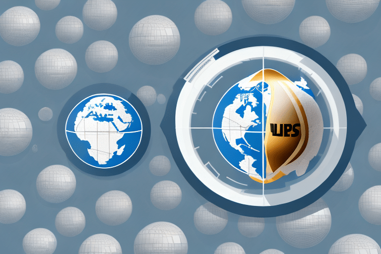 Digital illustration of two globes surrounded by a pattern of smaller spheres. One globe is encased in a gold shield marked UPS Worldship, symbolizing reliable archive storage. The background is a gradient blue with a network-like grid connecting the spheres.