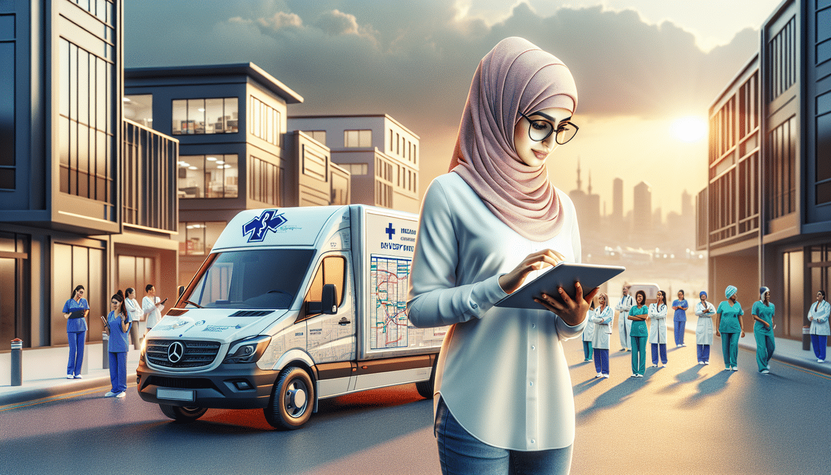 A woman wearing a hijab and glasses uses a tablet on a city street, coordinating medical supply delivery. An ambulance is parked behind her, with a group of medical professionals standing in the background as the sun sets over the skyline.