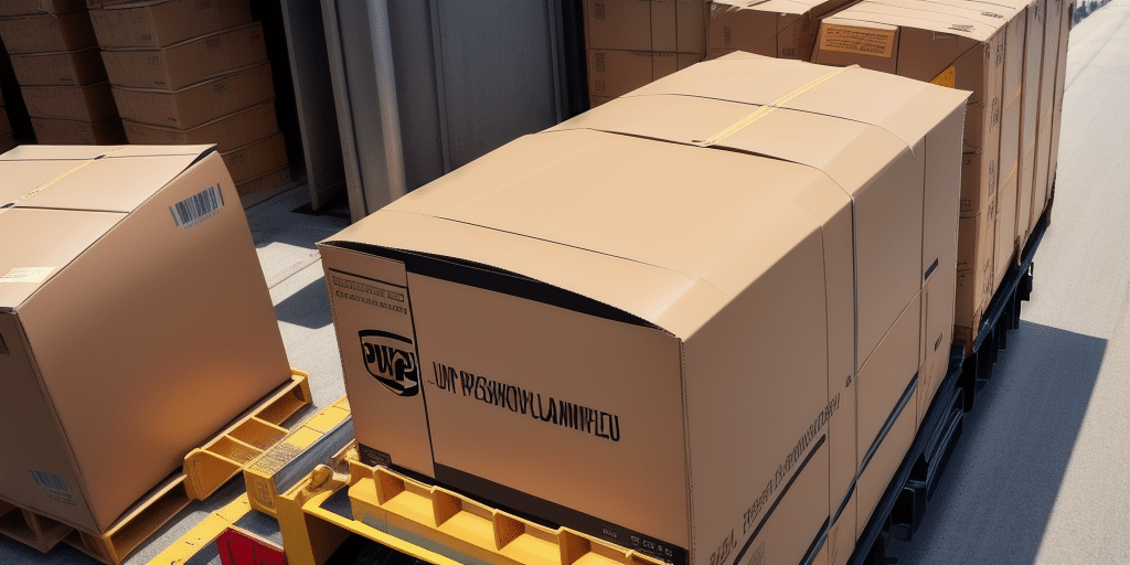 A large cardboard box labeled “PUBG” is loaded on a freight train, part of the WorldShip Archive logistics in action. It sits on a flatbed car under daylight, surrounded by similar boxes, illustrating the seamless game distribution that Access UPS WorldShip facilitates worldwide.