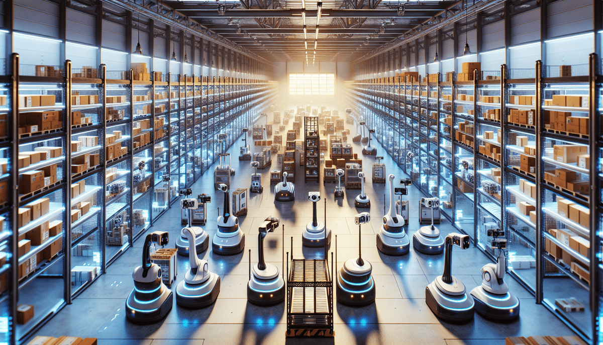 A futuristic warehouse with Amazon Robotics efficiently sorting and moving packages. The brightly lit space features high shelves filled with boxes, where sunlight streaming in from the windows highlights the orderly rows and advanced technology.