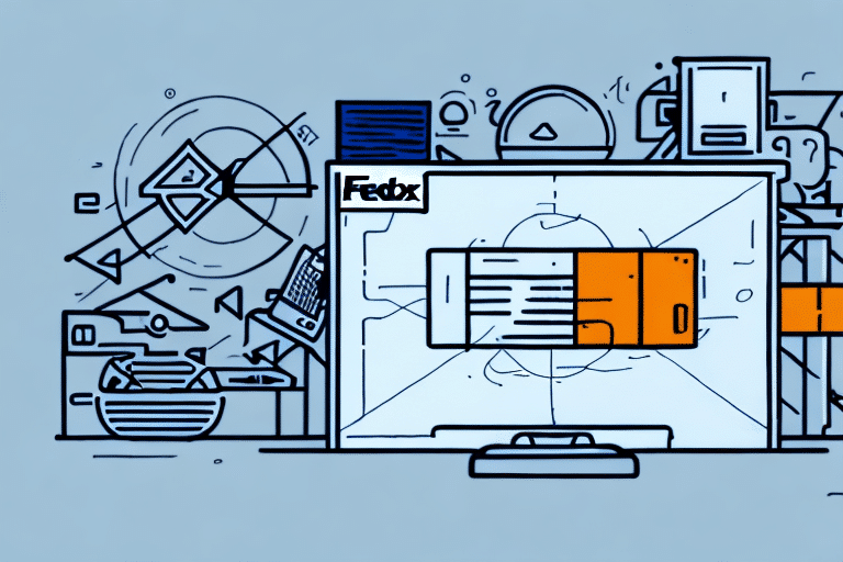 Illustration of a futuristic FedEx package on a conveyor, with icons of data processing and technology in the background. This design incorporates shipping elements and digital symbols, reflecting innovation akin to FedEx Ship Managers efficiency.