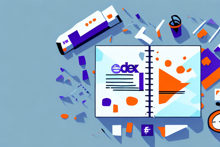 A colorful image of a notebook with edex on the cover, surrounded by abstract geometric shapes in blue, orange, and white. A pen and binder clips are scattered around, evoking the creative energy of a workspace ready to handle anything from FedEx shipping to managing projects with ease.