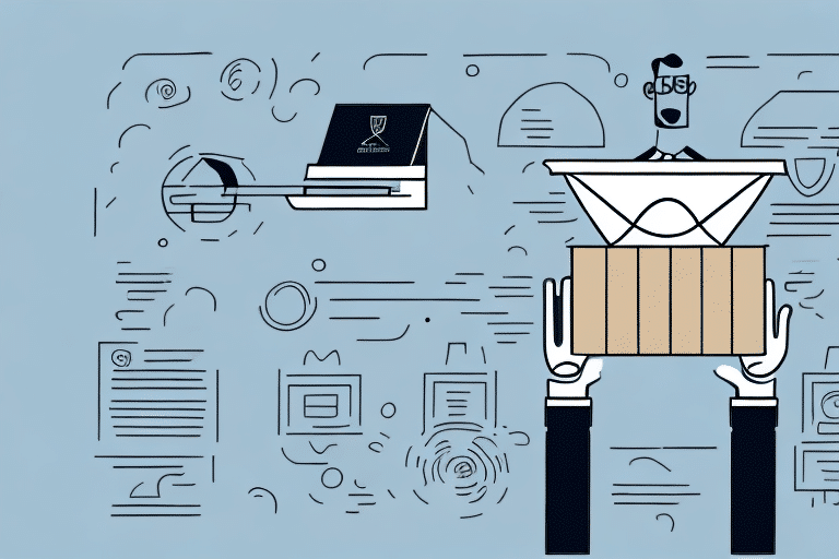 A stylized illustration of a robot in a suit delivering a package, with UPS WorldShip elements subtly integrated. Digital symbols float around, enhancing the themes of technology and communication while highlighting the importance to insure packages for added security.