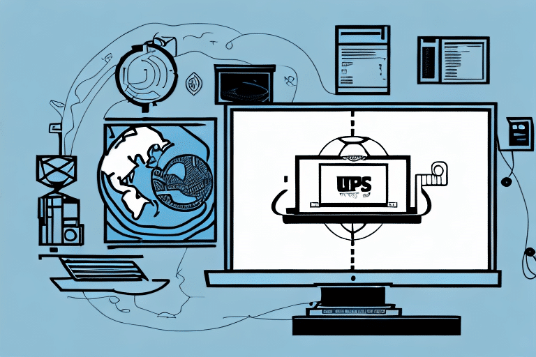 A digital illustration of a workspace features a computer displaying UPS WorldShip on the screen. Surrounding it are objects like a globe, clock, and documents labeled neatly. A laptop sits among them, all set against a light blue background.