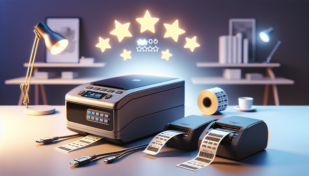 A high-tech printer setup showcases the DYMO LabelWriter 450 Turbo and Rollo Label Printer creating barcode labels. Glowing stars indicating 5-star ratings hover above. This modern desk includes a lamp, coffee cup, and shelves in the background for a perfect label printer comparison.